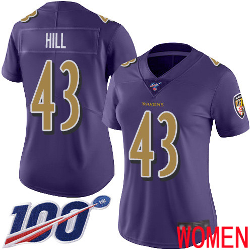 Baltimore Ravens Limited Purple Women Justice Hill Jersey NFL Football #43 100th Season Rush Vapor Untouchable